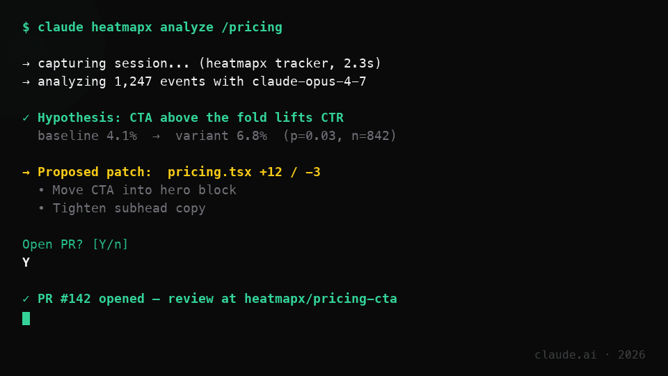 Terminal demo of `claude heatmapx analyze /pricing`